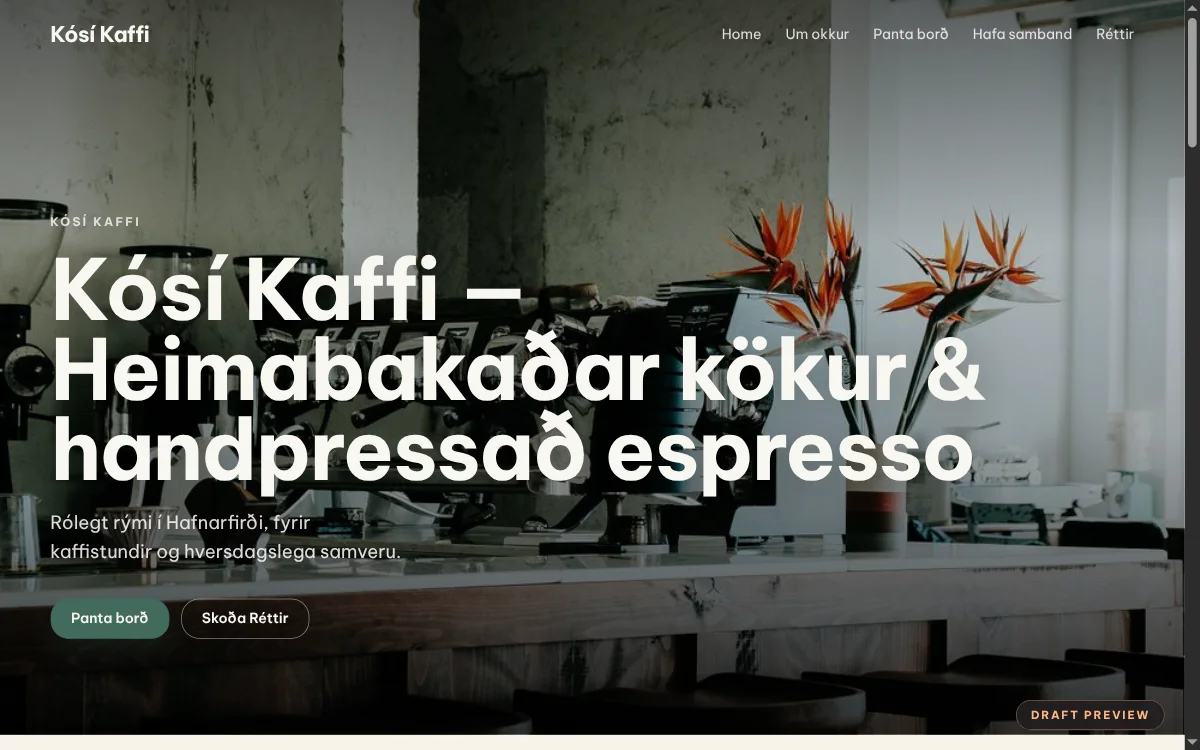 Sample café site drafted by Snaelda, in Icelandic.